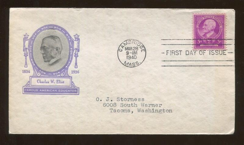 Famous American Educator Cambridge 1940 FDC US Stamp #871 Charles W Eliot