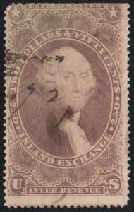 SC#R84c $2.50 Inland Exchange Revenue (1862) Used/Herringbone Cut Cancel