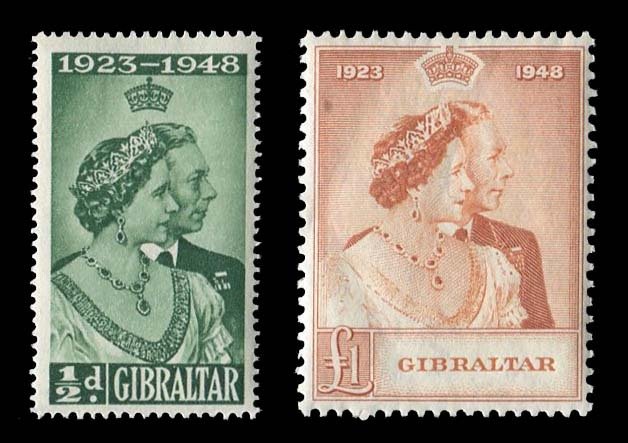 Gibraltar #121-122 (SG 134-135) Cat$61, 1948 Silver Wedding, set of two, hing...