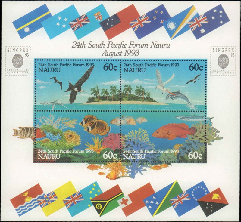 Nauru #405b, Complete Set, S/S Only, 1993, Stamp Show, Birds, Fish, Never Hinged