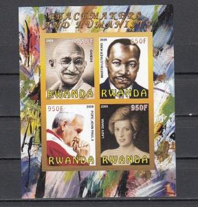 Rwanda, 2009 Cinderella issue. Peacemakers, IMPERF sheet. Ghandhi, Pope, Diana.