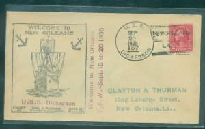 USS Dickerson (DD-157) Sept  20, 1935 New Orleans, LA cancel with cachet