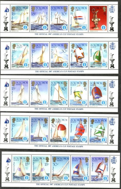 SOLOMON IS. Sc#570-574 1986 America's Cup Ten Strips of Five Complete MNH