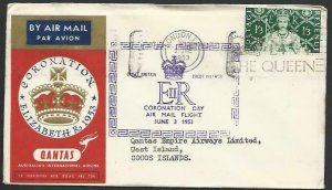 GB 1953 Qantas Coronation flight cover to COCOS IS via Singapore...........56233