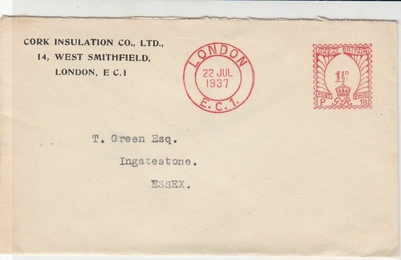 England 1937 Cork Insulation Co Ltd London Cancel Meter Mail Cover Ref 31827