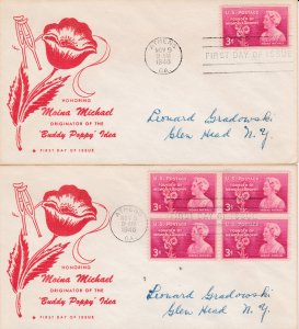 #977 FDC, 3c Moina Michael, Hamilton cachet, single/block of 4