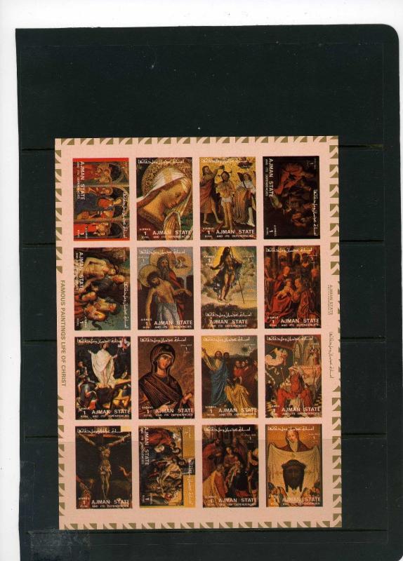 AJMAN 1973 Mi#2797-2812B RELIGIOUS PAINTINGS SHEET OF 16 STAMPS IMPERF. MNH 