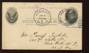 PHILIPPINES UX7 USED 1907 POSTAL CARD FROM SAN FERNANDO PAMPANGA TO NY (LV 1295)