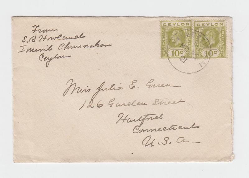 CEYLON -USA 1921 VALVETTITUNAI CDS (PROUD D4) ON COVER 20c RATE (SEE BELOW)