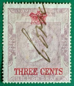 Malaya Straits Settlements surch India ReceiptStamp QV Crown 3c on 1a Used M2375