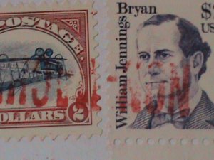 UNITED STATES- IVERTED JENNY $2,BRYAN $2 & LOVE DOVES STAMPS ON AIRMAIL CARD