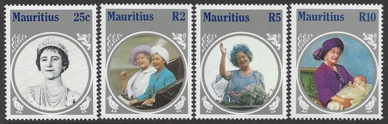 Mauritius #604-7 MNH set, Queen Mother 85th Birthday, issued 1985