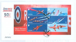 Jersey 1774a 2014 50th anniversary of the royal air force, red arrows, aircraft souvenir sheet of 6 stamps on cacheted, unaddres