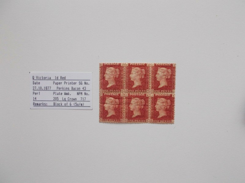 QV 1877 1d Red SG 43 Plate 205 in Mint Block of 6 U/M (top left m/m) Cat £450