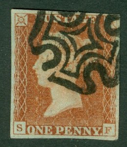 SG 7 1d red brown plate 9 lettered S.F. Very fine used. 4 good margins CAT £190 