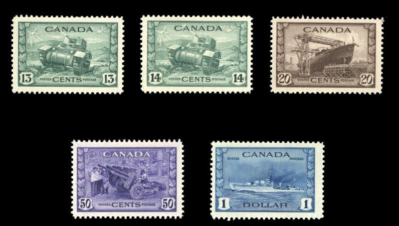 Canada #258-262 Cat$156.50, 1942-43 War Effort, five high values, never hinged