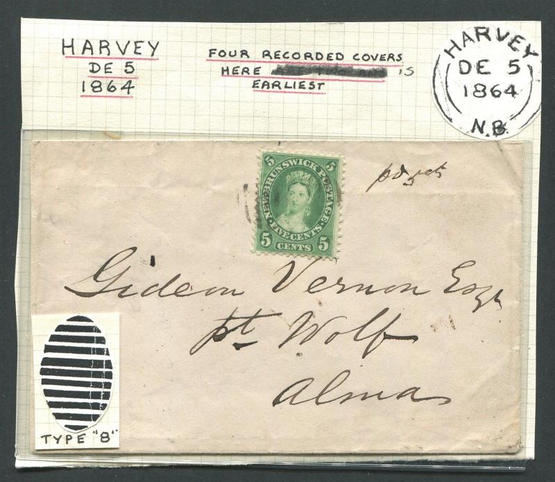 NEW BRUNSWICK #8 USED SPLIT RING TOWN CANCEL COVER HARVEY