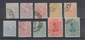 Iran Sc 136/146 used. 1899 Lion & Shah definitives, 10 different from long set