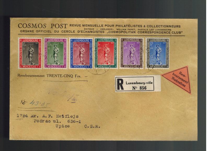 1937 Luxembourg Cover Registered to Czechoslovakia Comp Set # B79-B84