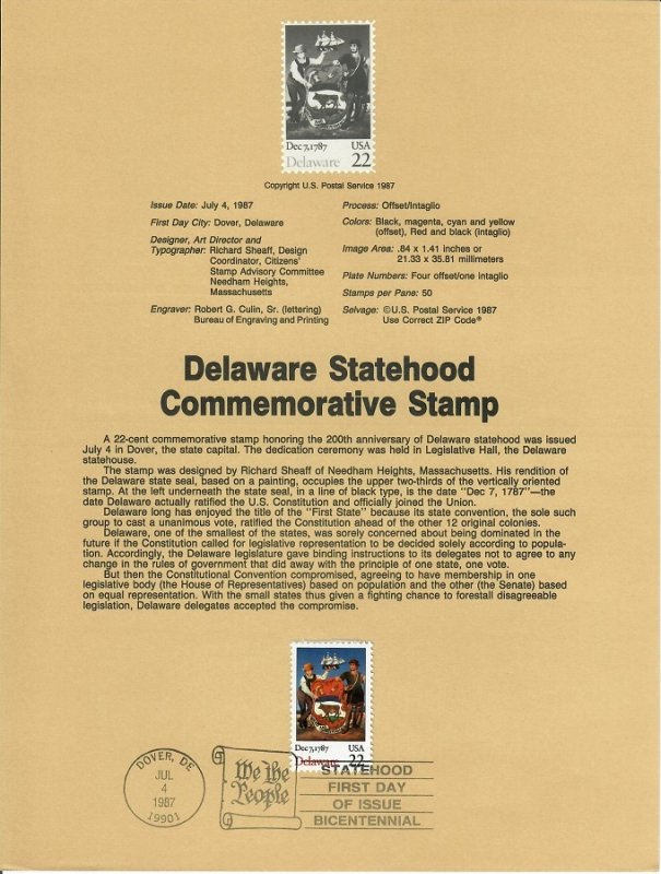 US SP800 Delaware Statehood Souvenir Page #2336