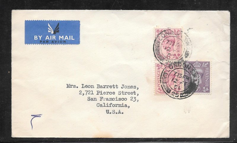 Just Fun Cover Great Britain #243 on LONDON 1954 Airmail Cover (A1227)