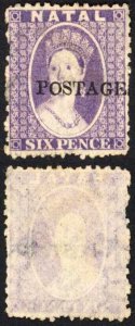 Natal SG83x 6d Violet Wmk CC Reversed Opt POSTAGE (Davis) Mint no gum Cat 85