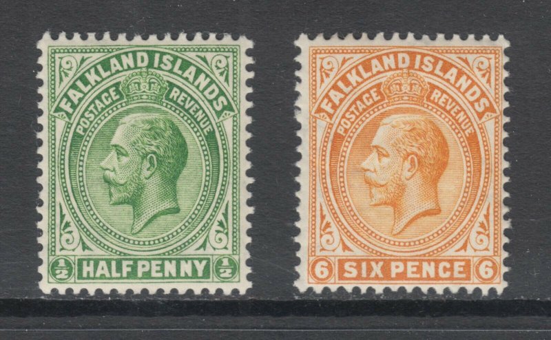 Falkland Islands Sc 30, 34 MLH. 1912 ½p & 6p KGV definitives, F-VF