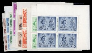 North Borneo #261-275 Cat$339.60, 1954-57 QEII, complete set in blocks of fou...