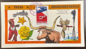 2204 Collins Hand Painted cachet Republic of Texas 150th Anniversary FDC 1986