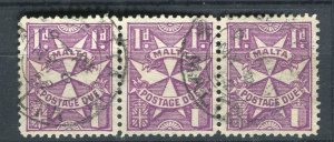 MALTA; 1930s early Postage Due issue fine used STRIP of 1d. value