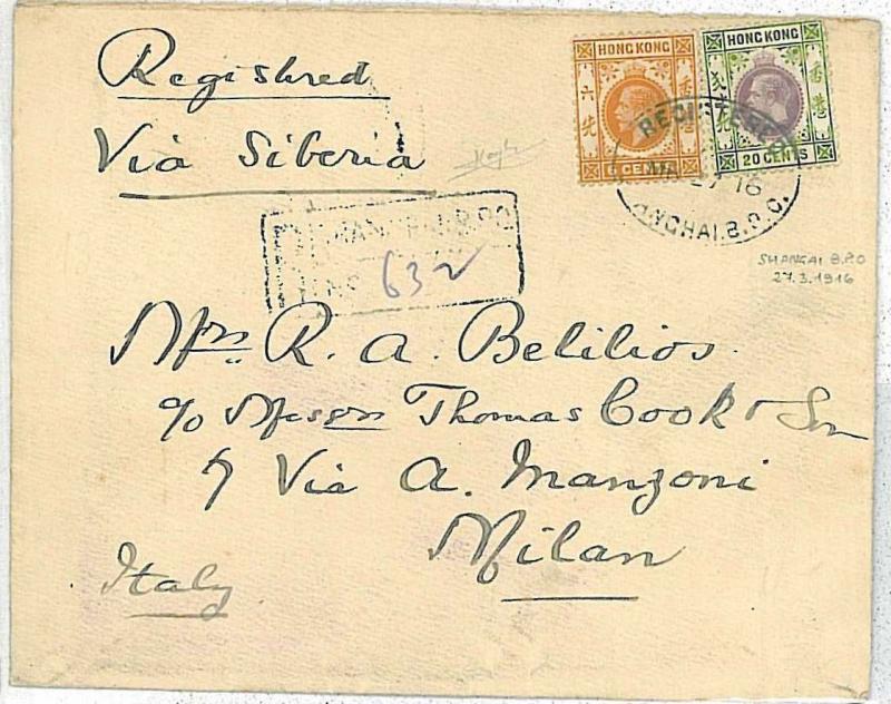 POSTAL HISTORY : HONG KONG - COVER to ITALY 1916 - Shangai B.P.O.