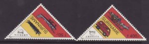 Surinam-Sc#989-90- id8-unused NH set-Triangles-Post vehicles-Planes-1994-