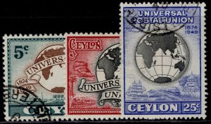 CEYLON GVI SG410-412, 1949 ANNIVERSARY of UPU set, FINE USED.