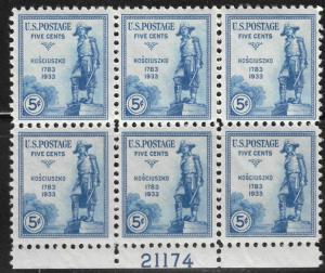 US #734 M/NH Plate Block of 6 Kosciuszko 45% of SCV $31.50 *FREE SHIPPING**