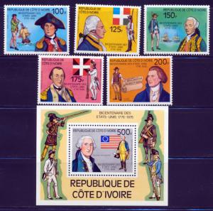 IVORY COAST AMERICAN BICENTENNIAL SCOTT 421-25 + 426 SOUVENIR SHEET