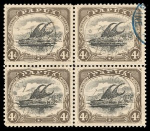 Papua 1909 Lakatoi 1d black & sepia DEFORMED 'd' AT LEFT block VFU. SG 63,63a.