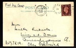 D1-British cover-KGVI 1&1/2p FDC to Austria-30 Jly 1937-