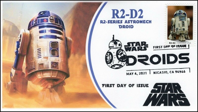 21-100, 2021,Star Wars Droids, R2-D2, First Day Cover, B/W Pictorial Postmark, 