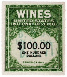 (I.B) US Revenue : Wines Duty $100 (1941) RE164