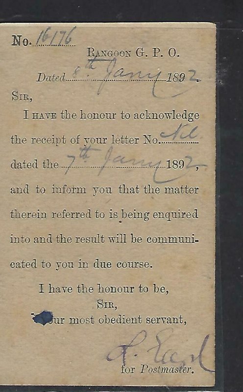 BURMA  (P0110B) 1892 INDIA USED IN SENT TO RANGOON PRINTED MSG