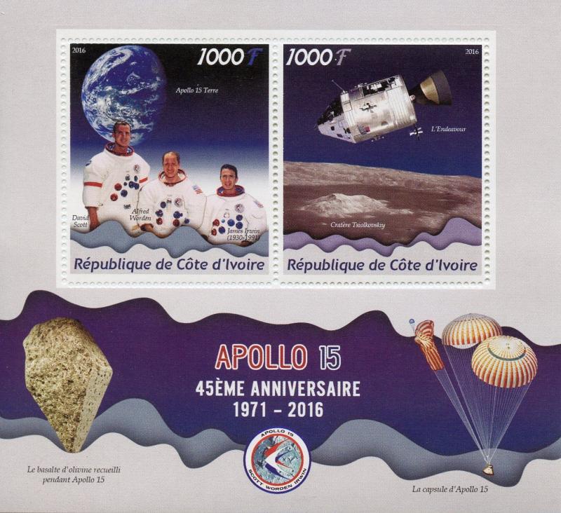 Ivory Coast 2016 MNH Apollo 45th Anniv Scott Irwin Worden 2v M/S Space Stamps