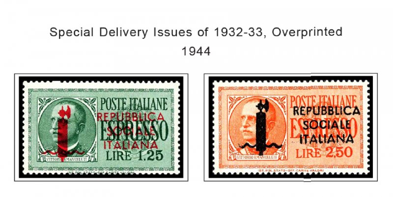 COLOR PRINTED ITALY RSI + AMG 1943-1947 STAMP ALBUM PAGES (18 illustrated pages)