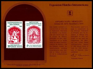 1974 EXFILMEX SC39 souvenir card PS-16 4¢ Sc 1157 & Mexico Sc 910 Mexico City