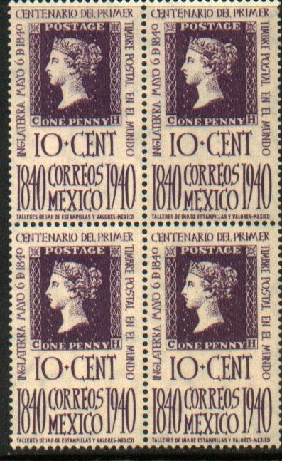 MEXICO 755, 10c Penny Black Centennial. Block of 4, 3NH(448)