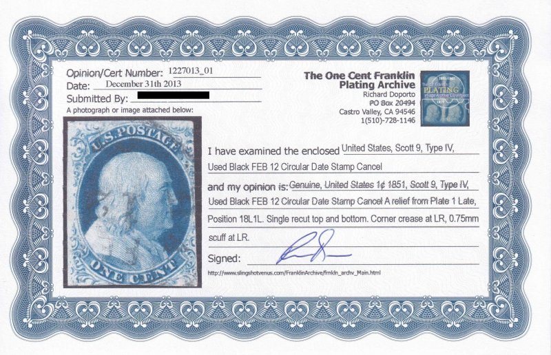 US #9 1851 Type IV Imperf Used w/ Cert. - Beautiful Blue