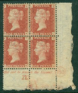 SG 43 Great Britain 1864-79. One penny red plate 180, lower right side block...