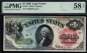 U.S.  $1 Fr#18 1869 PMG 58 EPQ RARE***** (61323a)