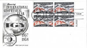 #1107 FDC,3c International Geophysical Year, Fleetwood cachet, plate block of 4