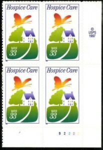 1999 Hospice Care Plate Block of 4 33c Postage Stamps, Sc# 3276, MNH, OG