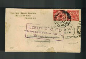 1930 Penang Malaya Commercial Cover to Elkhart Indiana USA Leedy MFg Company